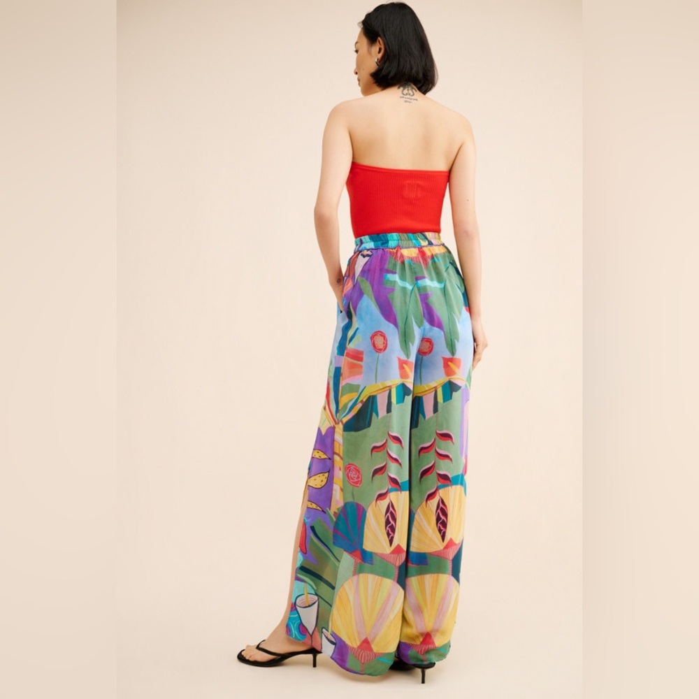 Farm Rio x Anthropologie Tropical Scenario Slit Wide Leg Pants sz L - Picture 3 of 9